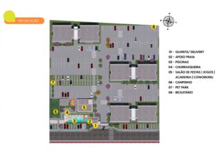 Planta baixa do Summer Barra com numeração das áreas comuns: guarita, piscinas, salão de festas, academia, churrasqueiras, campinho, pet park e bicicletário.