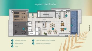 Planta baixa do rooftop do Residencial Ilha de Maui com academia, salão de festas, deck, piscina com prainha e bar com churrasqueira.