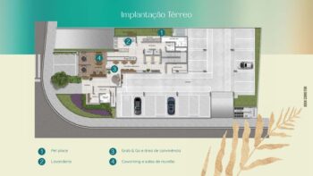 Planta baixa do térreo do Residencial Ilha de Maui com pet place, lavanderia, grab & go, coworking, administração e estacionamento.