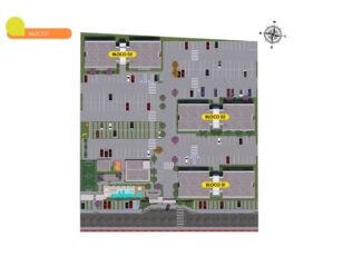 Planta baixa do condomínio Summer Barra com destaque para os blocos 01, 02 e 03, organizados ao longo do terreno com estacionamentos e áreas comuns.