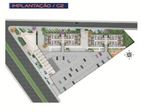 Planta baixa da implantação G2 do Residencial Eloisio Sobral da Silveira com vista superior das torres, vagas de garagem e áreas comuns.