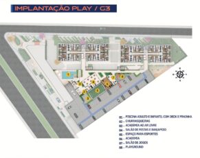 Mapa da implantação Play G3 do Residencial Eloisio Sobral da Silveira com localização das áreas de lazer e espaços comuns numerados.