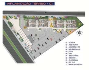 Planta baixa do térreo G1 do Residencial Eloisio Sobral da Silveira com identificação de guarita, playground, pet play, mini market e áreas técnicas.