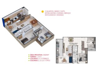 Planta 3D e 2D do apartamento tipo de 2 quartos com suíte, varanda, sala integrada à cozinha e área de serviço, no Summer Barra.