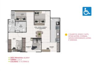 Planta 2D do apartamento térreo adaptado para PCD no Summer Barra, com 2 quartos (1 suíte), living, varanda e ambientes integrados.