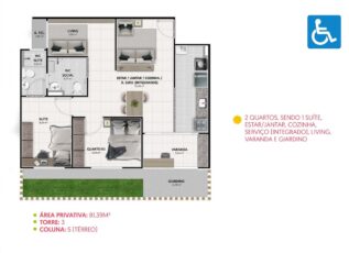 Planta do apartamento térreo adaptado para PCD no Summer Barra, com 2 quartos, varanda, giardino e ambientes integrados.