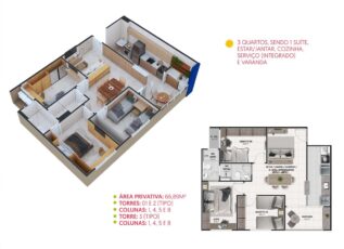 Planta baixa do apartamento de 3 quartos no Summer Barra, com suíte, varanda e cozinha integrada à sala.