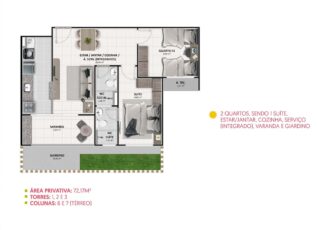 Planta baixa do apartamento térreo de 2 quartos com suíte, varanda e giardino no Summer Barra.
