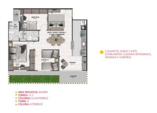 Planta baixa do apartamento térreo com 3 quartos, sendo 1 suíte, varanda e giardino no Summer Barra.
