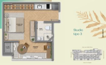 Planta do Studio Tipo 3 com 18,58 m², varanda de 8,04 m², banheiro, cozinha integrada e área técnica no Residencial Ilha de Maui – Pedra do Sal.