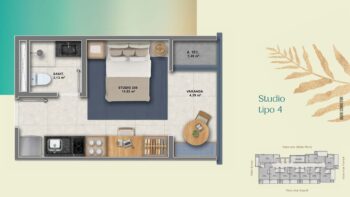 Planta do Studio Tipo 4 com dormitório, varanda, cozinha integrada, banheiro e área técnica no Residencial Ilha de Maui – Pedra do Sal.