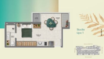 Planta do Studio Tipo 1 com dormitório, cozinha, banheiro, varanda ampla e área técnica no Residencial Ilha de Maui – Pedra do Sal.
