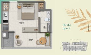 Planta do Studio Tipo 2 com dormitório, varanda, cozinha, área técnica e banheiro no Residencial Ilha de Maui – Pedra do Sal.