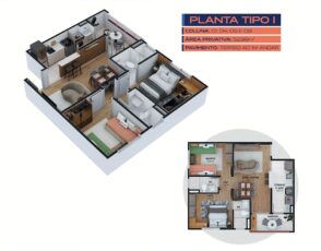 Planta baixa e perspectiva 3D da Planta Tipo I do Residencial Eloisio Sobral da Silveira, com 2 quartos, sendo 1 suíte, e varanda integrada.
