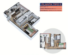 Planta baixa e modelo 3D da Planta Tipo II do Residencial Eloisio Sobral da Silveira, com 2 quartos, sendo 1 suíte, varanda e cozinha americana.