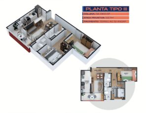 Representação em 3D e planta baixa da Planta Tipo III do Residencial Eloisio Sobral da Silveira, com 2 quartos, suíte, varanda e área de serviço.