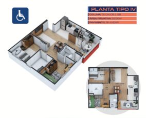 Imagem da planta tipo IV adaptada para acessibilidade no Residencial Eloisio Sobral da Silveira, com 2 quartos, varanda e banheiro acessível.