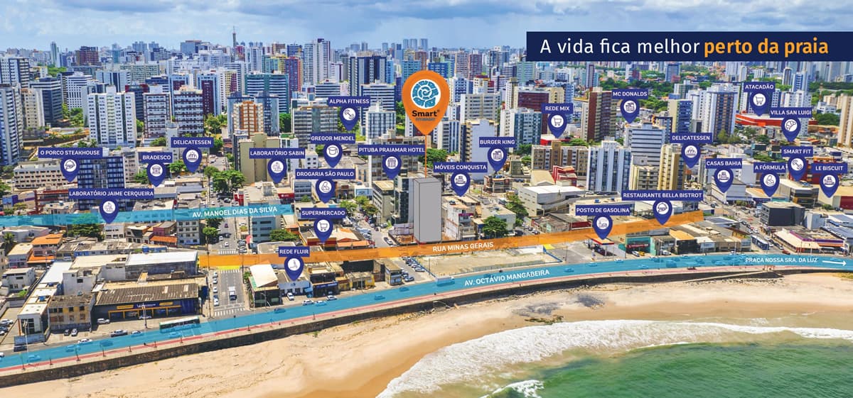Foto aérea da localização do Smart PITUBASKY, na Rua Minas Gerais, Pituba, próximo à praia e rodeado de comércio, serviços e lazer.