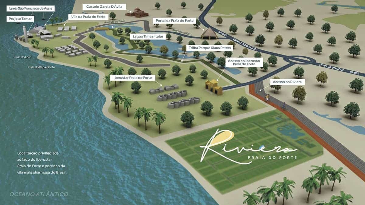 Mapa ilustrativo mostrando a localização do Riviera Praia do Forte, ao lado do Iberostar e próximo à Vila da Praia do Forte.