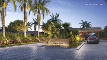 Entrada principal do Riviera Praia do Forte, com portaria moderna, paisagismo tropical e segurança exclusiva para moradores e visitantes.