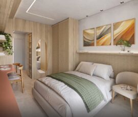 Perspectiva do Studio com varanda Tipo 02 no Smart PITUBASKY, ambiente integrado com design moderno e acabamento em madeira clara.