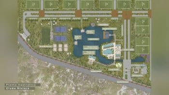 Planta ilustrativa do Clube Riviera Praia do Forte mostrando piscina, academia flutuante, salão de festas, salão de jogos, clube infantil e arena de esportes.