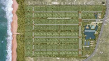 Planta baixa do Riviera Praia do Forte mostrando os 140 lotes residenciais, apoio de praia, clube Riviera, arena de esportes e acessos principais.
