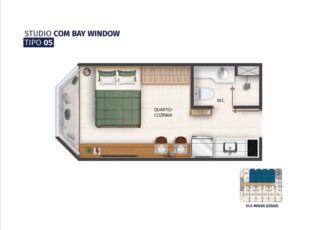 Planta baixa do Studio com Bay Window Tipo 05 no Smart PITUBASKY, com quarto/cozinha integrados, banheiro e janela panorâmica.