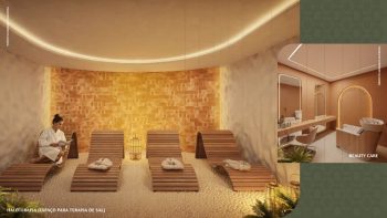 Perspectiva ilustrativa da Haloterapia no Smart Ipanema em Salvador, com cadeiras de descanso em ambiente de sal, e do espaço Beauty Care com design moderno.