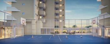 Perspectiva ilustrada da quadra poliesportiva do Nouvelle Blues – Jaguaribe, com piso azul demarcado, traves, cestas de basquete e integração à área de lazer.