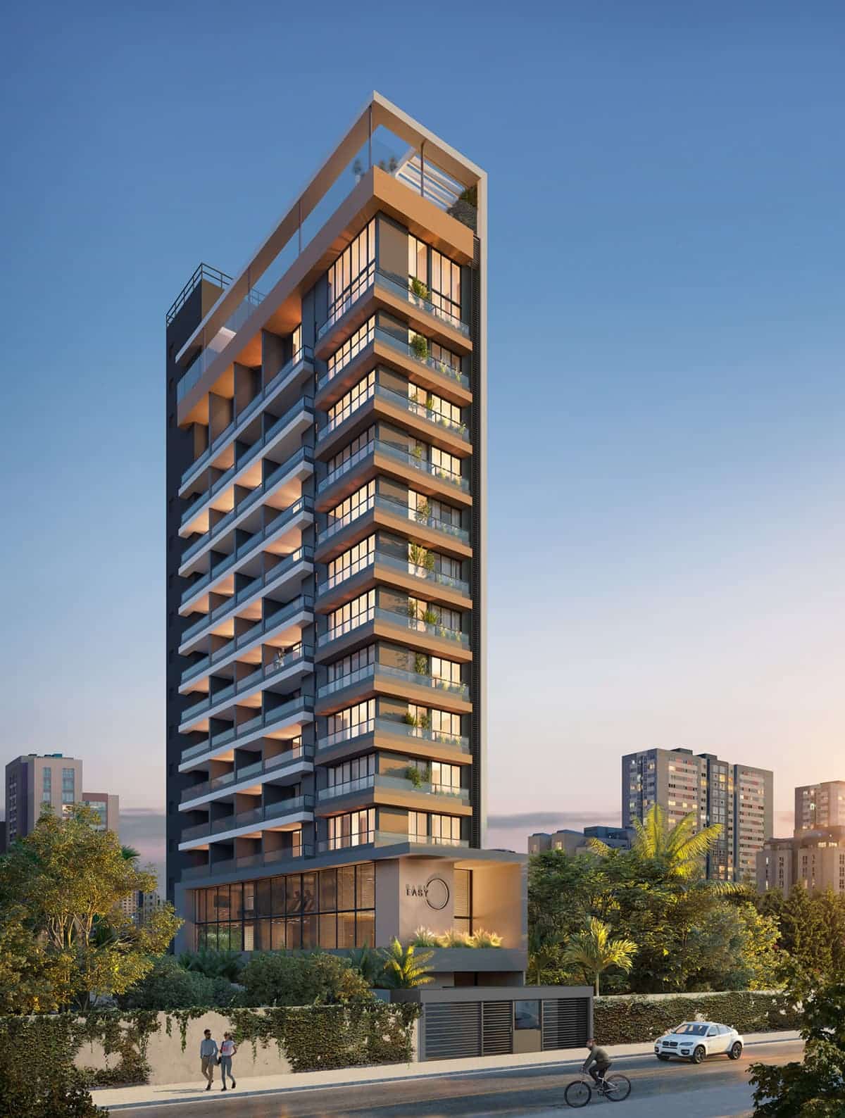 Perspectiva da fachada do edifício Easy São Lázaro, lançamento em Salvador, com design contemporâneo, varandas envidraçadas e rooftop.