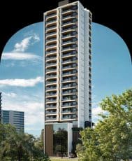 Perspectiva da fachada do NEST Rio Vermelho, torre única com design moderno, varandas amplas e acabamento sofisticado em Salvador.