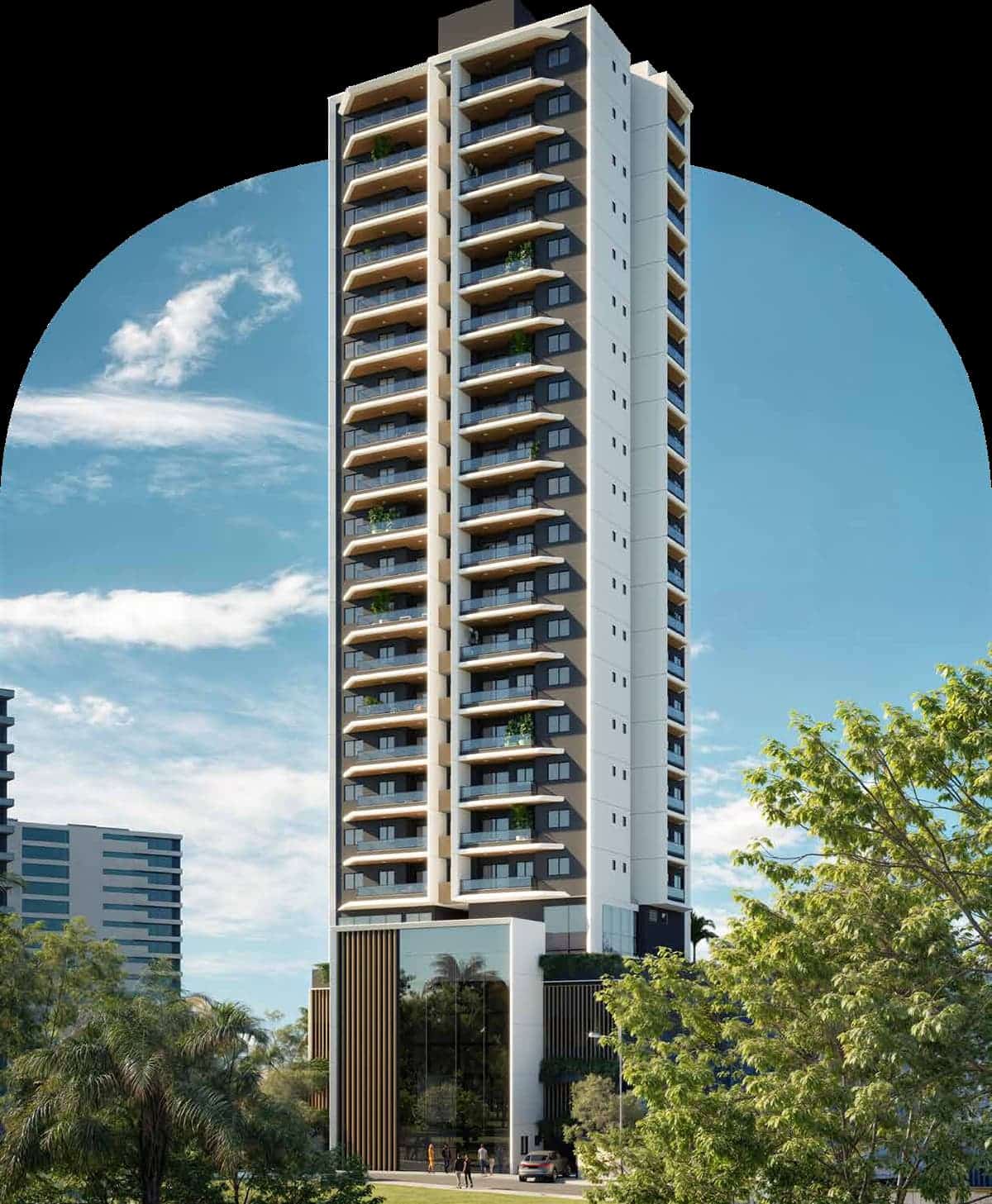 Perspectiva da fachada do NEST Rio Vermelho, torre única com design moderno, varandas amplas e acabamento sofisticado em Salvador.