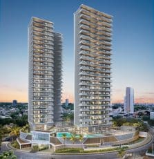 Perspectiva ilustrada da fachada do Nouvelle Blues – Jaguaribe em Salvador, mostrando duas torres residenciais modernas com varandas e áreas de lazer integradas.