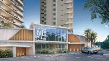 Perspectiva ilustrada da fachada do Nouvelle Blues – Jaguaribe em Salvador, destacando a entrada principal com design contemporâneo e detalhes em vidro e madeira.