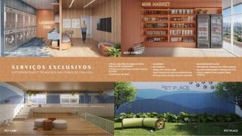 Perspectiva ilustrativa dos serviços do Smart Ipanema em Salvador, com lavanderia moderna, mini market, espaço pet care e pet place ao ar livre.