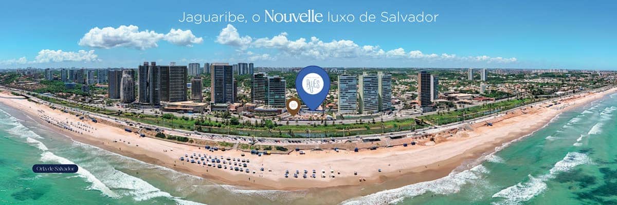 Vista aérea da orla de Jaguaribe em Salvador, destacando a localização do empreendimento Nouvelle Blues – Jaguaribe, próximo à praia e aos principais serviços.