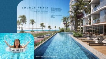Perspectiva ilustrativa da piscina com raia semiolímpica no Smart Ipanema em Salvador, com espreguiçadeiras, lounge e vista para o mar.
