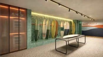 Perspectiva ilustrativa da prancharia do Smart Ipanema em Salvador, com espaço exclusivo para armazenamento e manutenção de pranchas de surf.