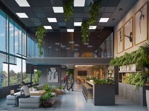 Lobby do Easy São Lázaro em Salvador, com pé-direito duplo, decoração contemporânea, áreas de convivência e vegetação natural integrada.