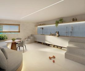 Perspectiva ilustrada do Pet Care do Nouvelle Blues – Jaguaribe, com área de banho, mesa de apoio, espaço aconchegante e ambiente planejado para cuidados com animais.