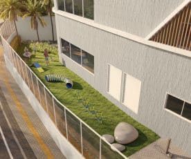 Perspectiva ilustrada do Pet Place do Nouvelle Blues – Jaguaribe, com espaço gramado, brinquedos de agility, túnel e área de convivência para moradores e pets.