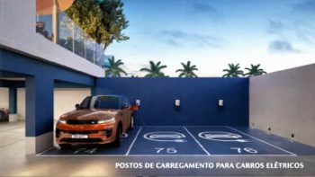 Perspectiva ilustrativa das vagas com postos de carregamento para carros elétricos no Smart Ipanema, em Salvador.