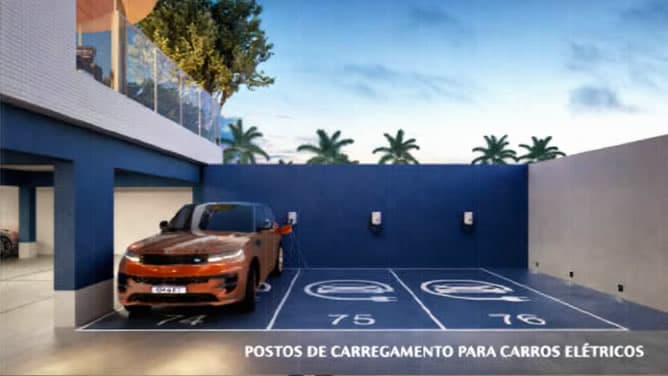 Perspectiva ilustrativa das vagas com postos de carregamento para carros elétricos no Smart Ipanema, em Salvador.