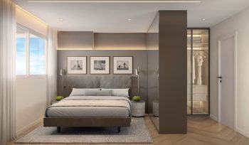 Perspectiva ilustrada da Suíte Master do Nouvelle Blues – Jaguaribe, com cama centralizada, iluminação indireta, closet integrado e decoração sofisticada.