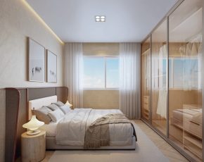Perspectiva ilustrada da Suíte Master do Nouvelle Blues – Jaguaribe, com cama de casal, mesa lateral em madeira, armário com portas de vidro e iluminação natural.
