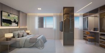 Perspectiva ilustrada da Suíte Master do Nouvelle Blues – Jaguaribe, com cama centralizada, closet integrado, home office e decoração em tons neutros.