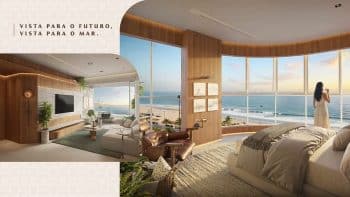 Perspectiva ilustrativa do apartamento de 2 quartos do Smart Ipanema em Salvador, com living integrado e suíte com ampla janela para o mar.