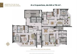 Planta baixa humanizada do NEST Rio Vermelho, com opções de apartamentos de 2 e 3 quartos, entre 62 m² e 75 m², com varanda e suíte.