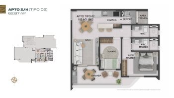 Planta baixa do apartamento 2 quartos Tipo 02 do NEST Rio Vermelho, com 62,87 m², suíte master, varanda, sala integrada e cozinha com área de serviço.